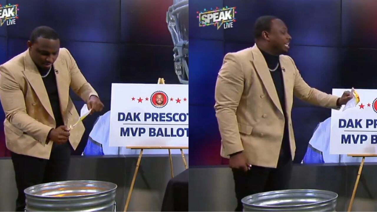 WATCH: LeSean McCoy ‘literally’ sets Dak Prescott’s MVP chances on fire and dumps it into a trash can after horrendous outing against the Bills