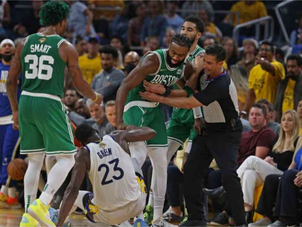 Draymond Green attempts to pull down Jaylen Brown’s shorts in 2022 NBA Finals game 2