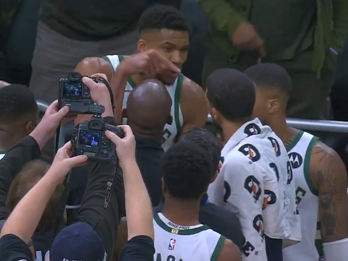 Giannis Antetokounmpo arguing with Pacers Tyrese Haliburton about the game ball