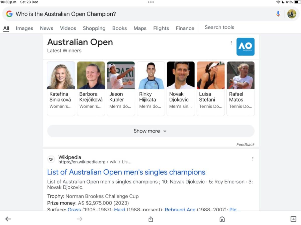 Google search result for Australian Open champions placed Novak Djokovic in the 5th position