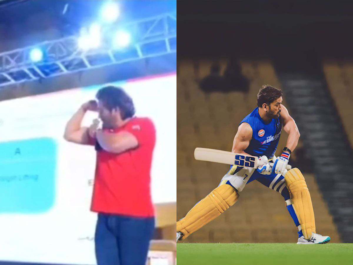 WATCH: MS Dhoni shows off his gym work by flexing BICEPS in public event, crowd goes berserk and video goes viral