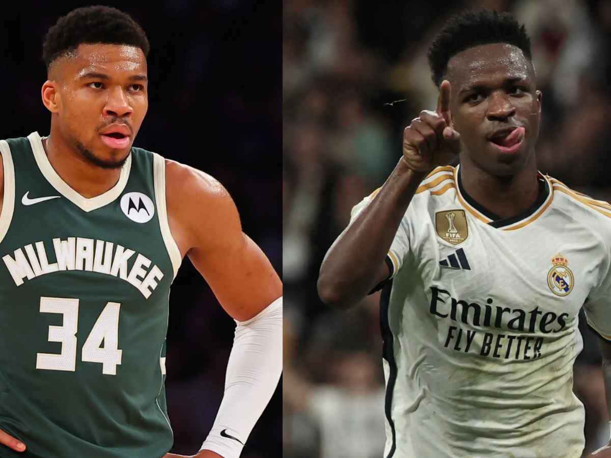 WATCH: Giannis Antetokounmpo gifts Vinicius Jr. pair of signed shoes and his game jersey following Bucks’ thumping win over the Nets