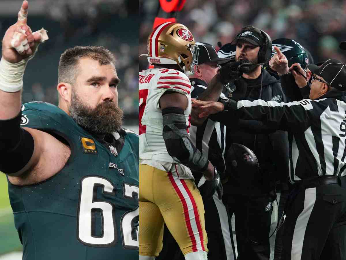 Jason Kelce (L) and Dre Greenlaw's scuffle with Dom DiSandro (R)