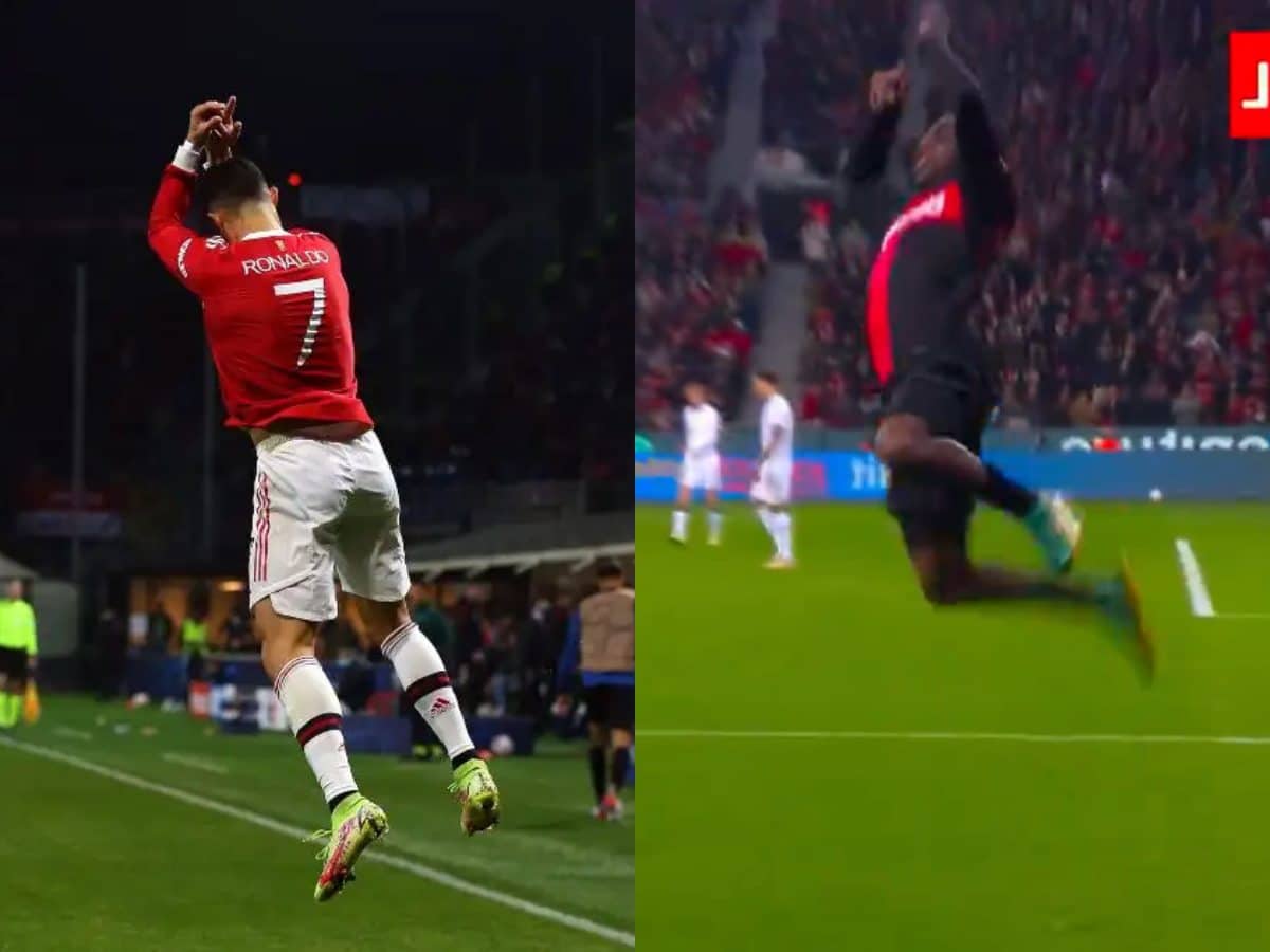 Jeremie Frimpong hits Cristiano Ronaldo’s ‘Siu’ celebration after scoring for Bayer Leverkusen in the Bundesliga