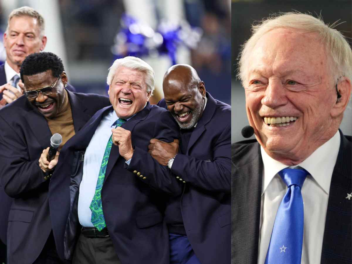 Jimmy Johnson on his Ring of Honor night (L) and Jerry Jones (R)