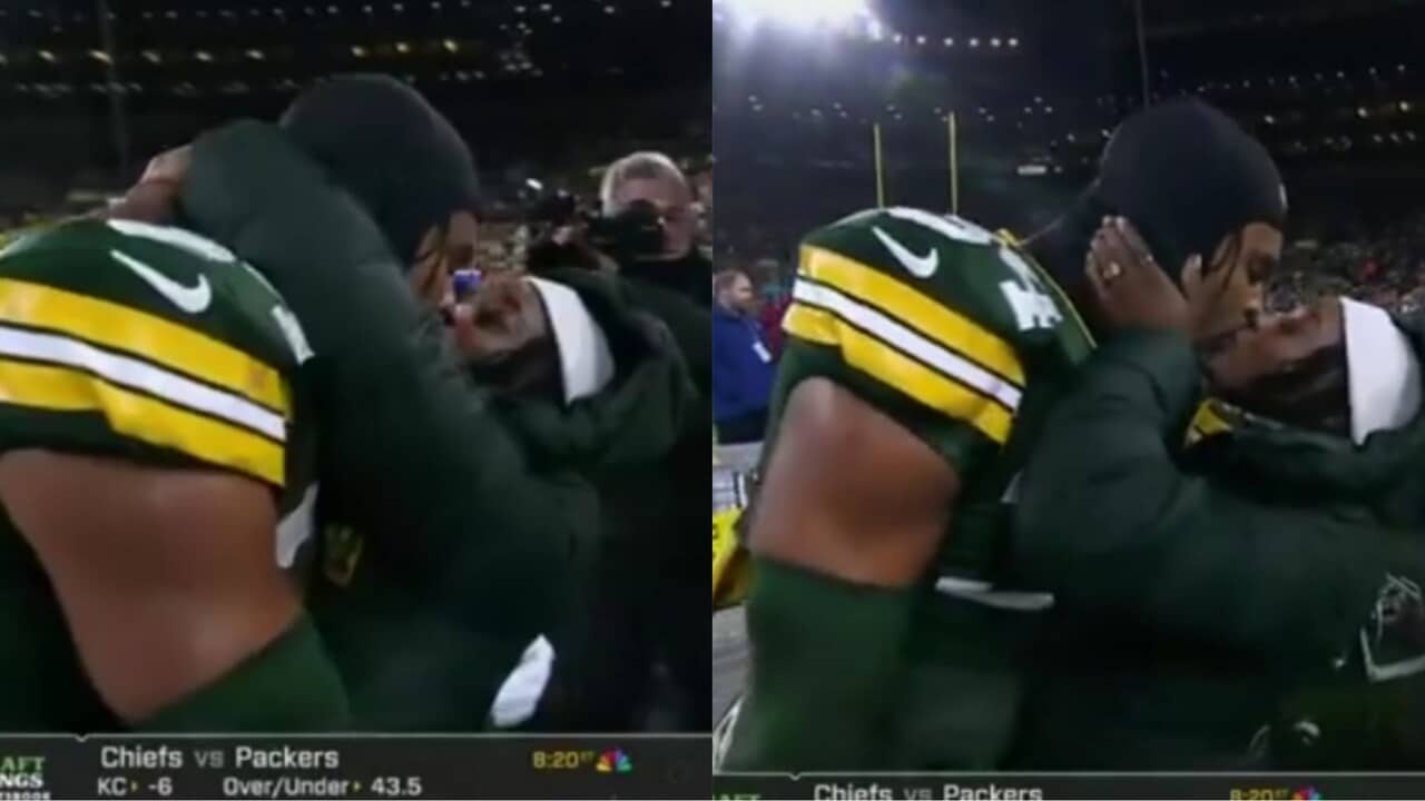 WATCH: Jonathan Owens shares an intense kiss with wife Simone Biles moments before Packers-Chiefs kickoff