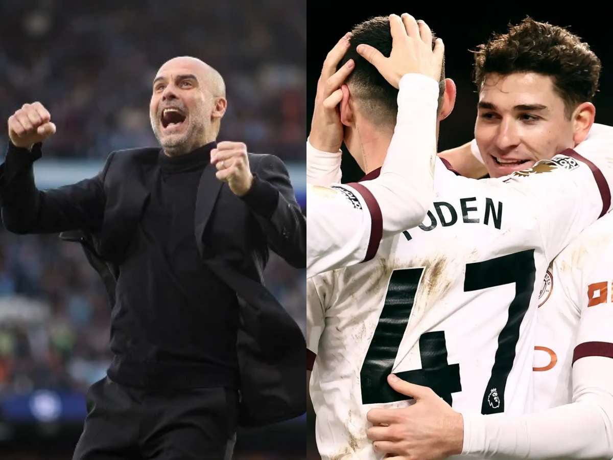 (L) Pep Guardiola celebrating City's comeback (R) Foden and Alvarez