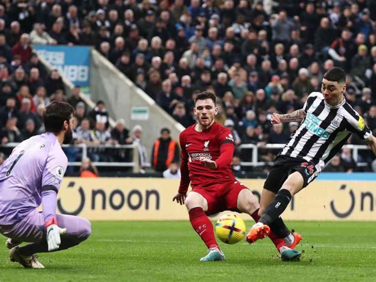 Premier League 2023-24: Liverpool vs Newcastle United - Preview, live stream, where and how to watch 3 Miguel Almiron taking a shot against Liverpools Allison Source Newcastle United