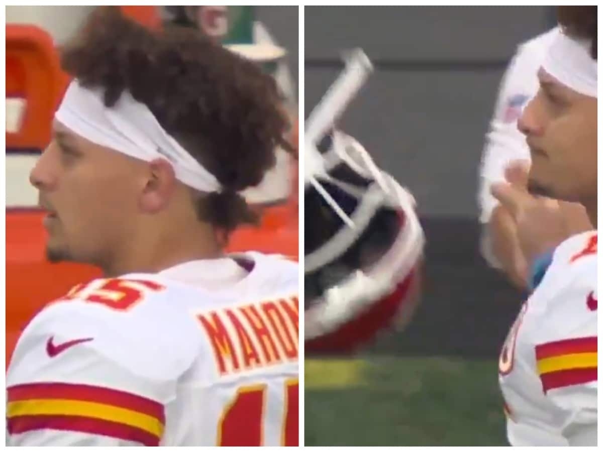 WATCH: Chiefs’ QB Patrick Mahomes mocked on social media for throwing helmet in frustration following pick against Patriots