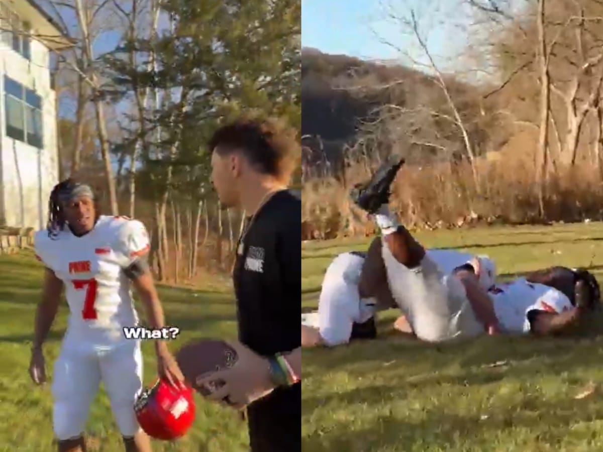 WATCH: Logan Paul viciously slams KSI into the ground while playing football in front of Patrick Mahomes