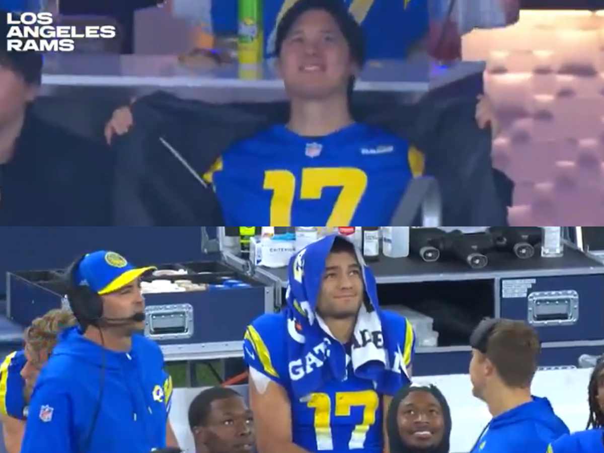 WATCH: Shohei Ohtani flaunts his ’17’ jersey in front of cameras indicating he is a Puka Nacua fan during Rams-Saints game