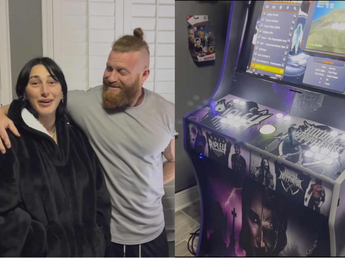 Rhea Ripley and Buddy Mathews get a specially customized gaming arcade cabinet for Christmas 