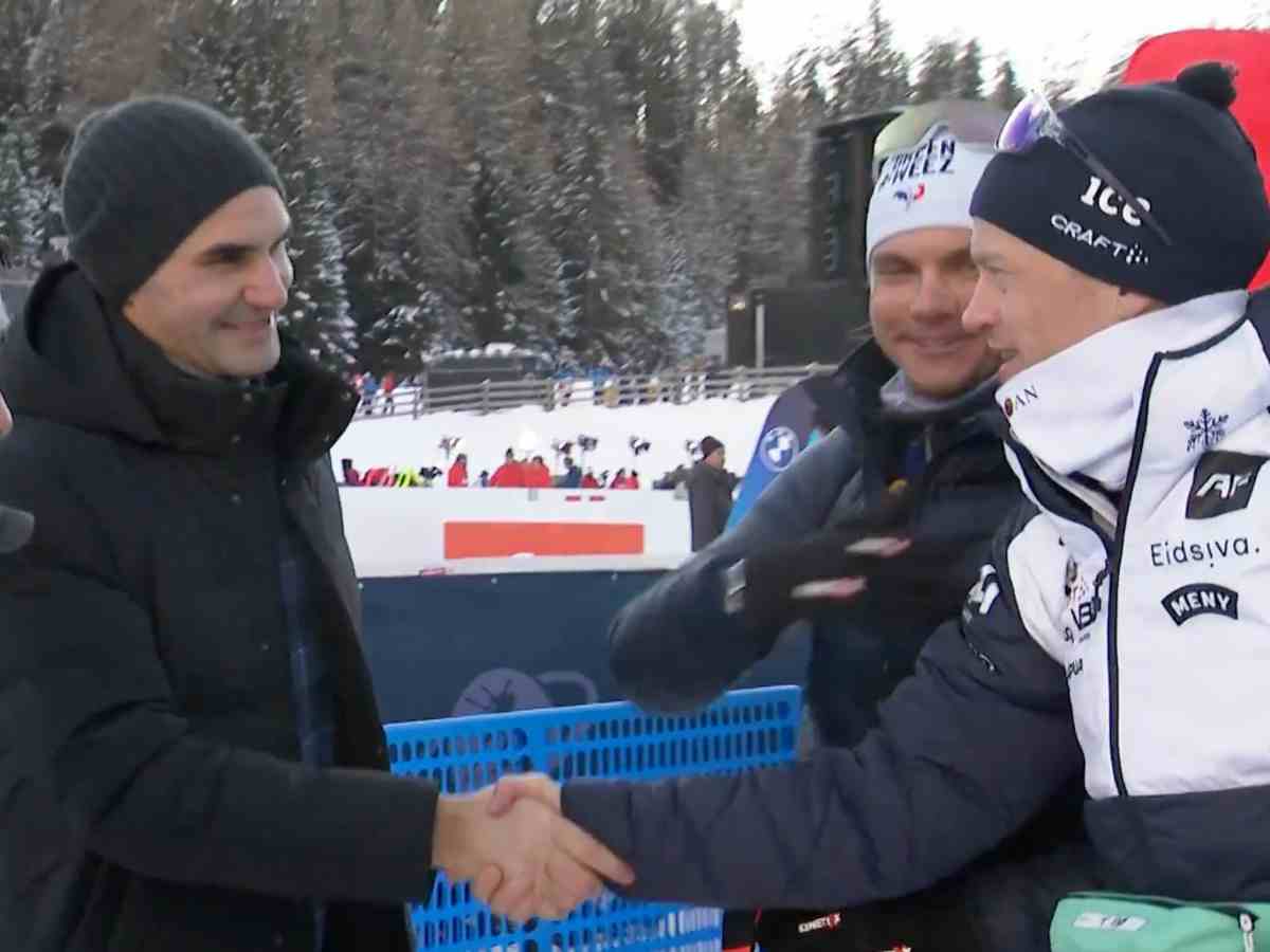 WATCH: Roger Federer catches up and poses with Tarjei Boe and Emilien Jacquelin at the 2023 Biathlon World Cup