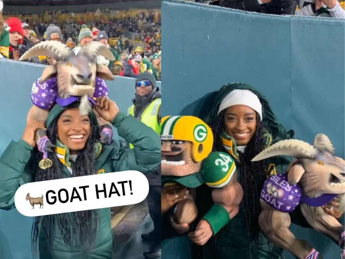 WATCH: Simone Biles receives special GOAT hat from Packers fan during NFL game while supporting husband Jonathan Owens against the Chiefs