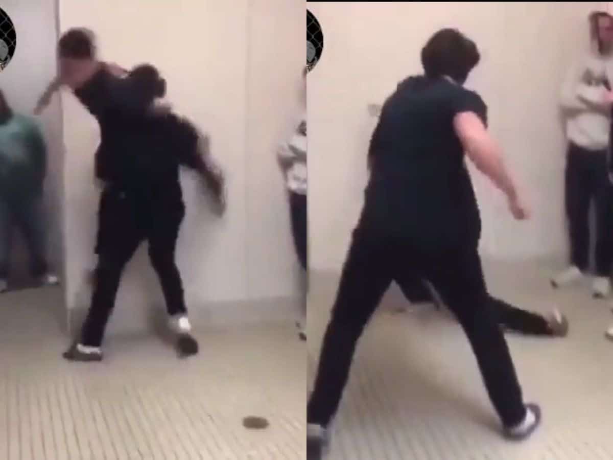 WATCH: Guy gets knocked out cold with single punch after receiving brutal WWE-like finisher in a bathroom fight