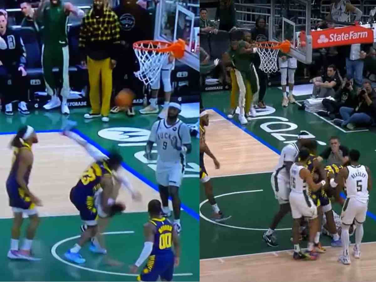 “Trying to save his job” – Giannis Antetokounmpo’s brother Thanasis forcefully held back after HUGE brawl breaks out on court; fans react