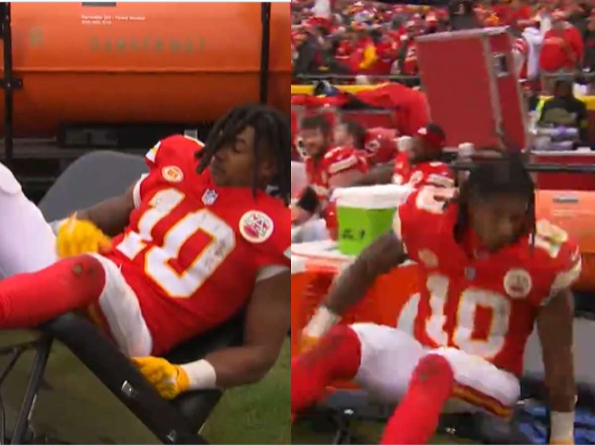 WATCH: Trainers table on the sidelines breaks as Isaiah Pacheco attempts to sit on it after getting kicked in the head