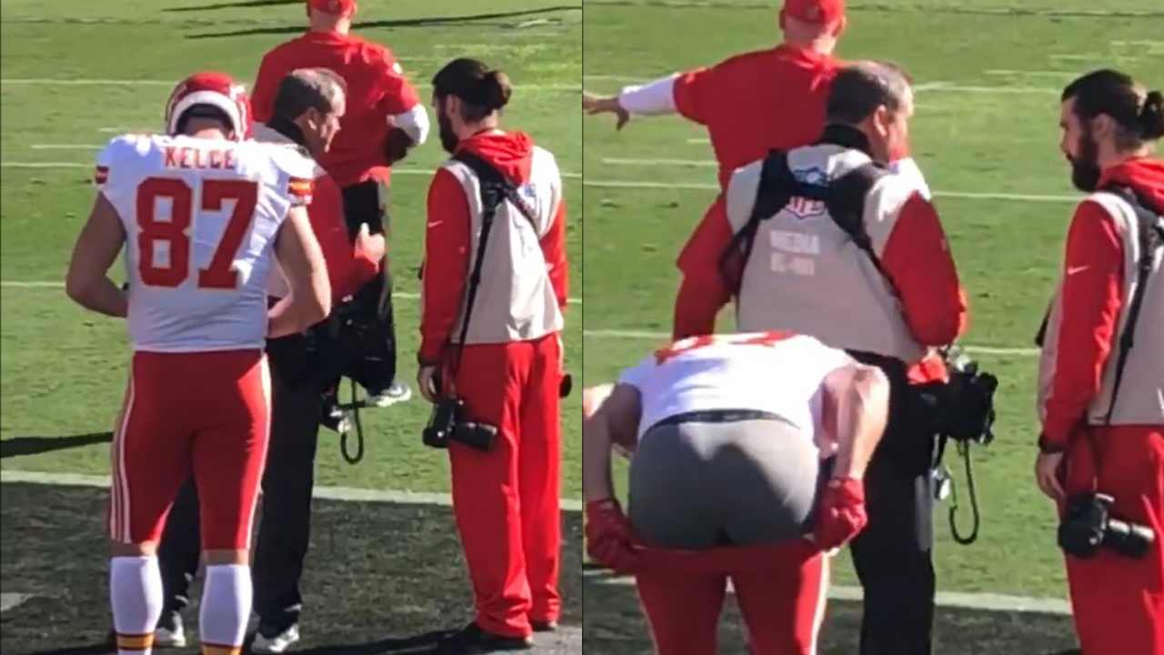 WATCH: Travis Kelce drops his pants down to moon heckling Raiders fans during Chiefs game