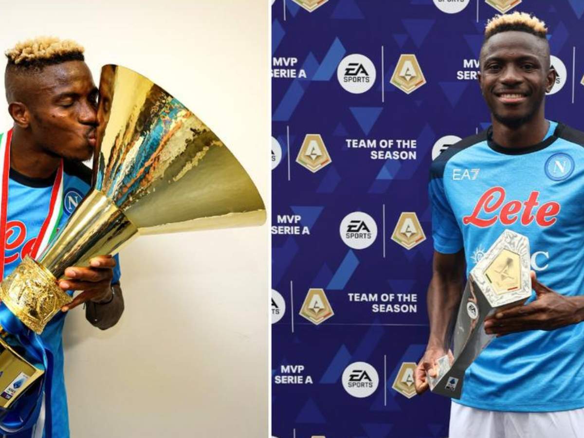 Victor Osimhen with the Serie A trophy and his golden boot award