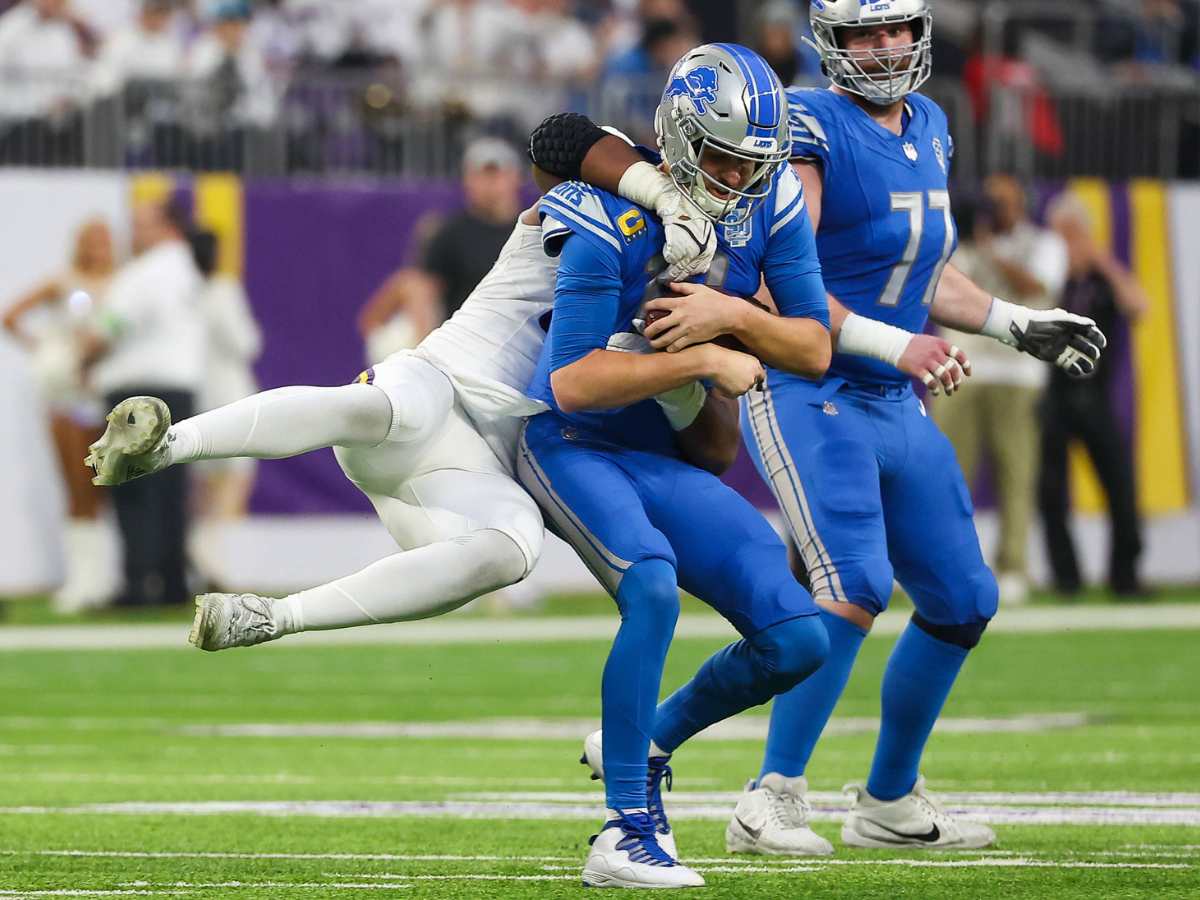 Vikings linebacker Pat Jones II (91) sacks Detroit Lions quarterback Jared Goff (16) during the second quarter at U.S. Bank Stadium.