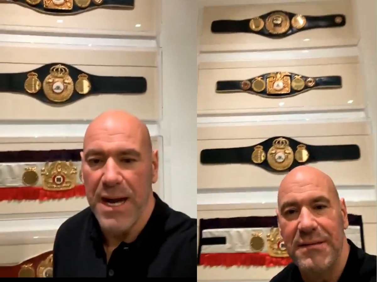 Dana White shows Vinny Paz boxing title belts hanging at the UFC