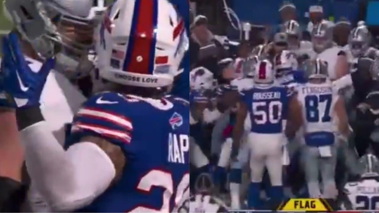 WATCH: Zack Martin aggressively pushes Taylor Rapp after dirty hit leading to a ‘massive’ fight between Cowboys and Bills players