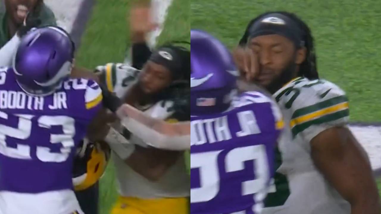 WATCH: Aaron Jones takes a MASSIVE blow in his face while attempting to de-escalate a post-game altercation following Vikings-Packers game