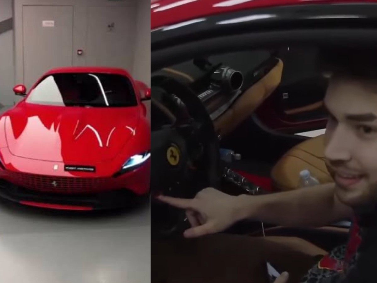 Adin Ross shows off his new red Ferrari and freaks out after noticing a damaged side mirror