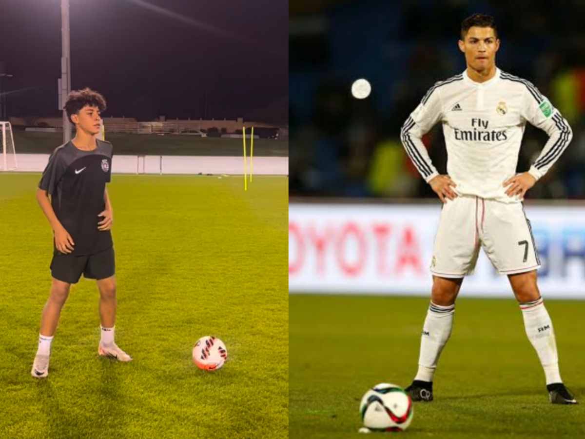 WATCH: Cristiano Jr. channels his ‘inner Ronaldo’ with SPECTACULAR top bins free kick – Fans awed by mini maestro’s technique!