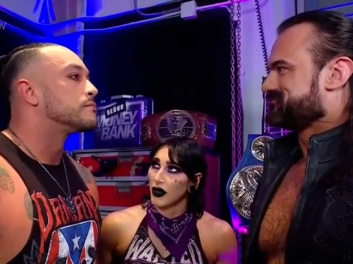 Damian Priest, Rhea Ripley, and Drew McIntyre