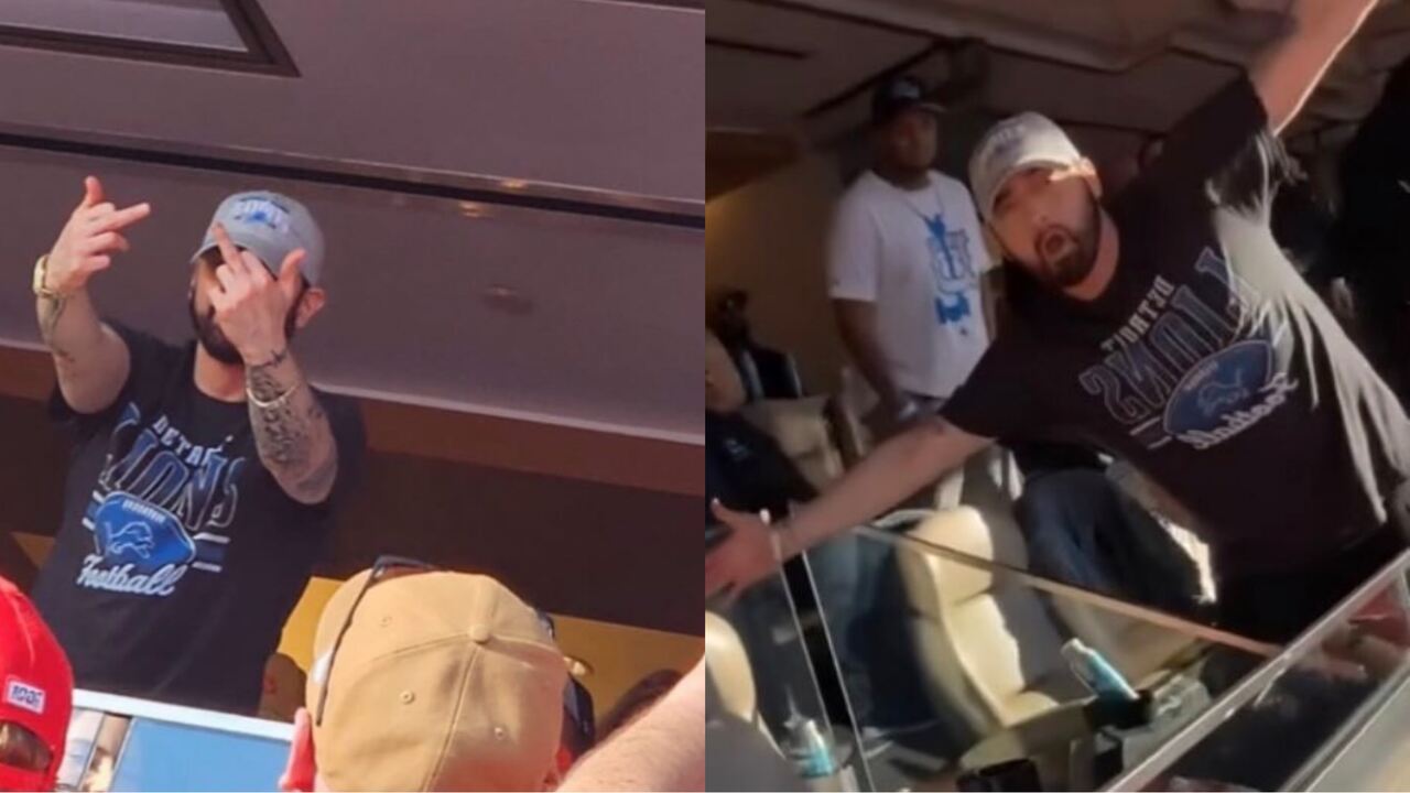 $250 million worth Eminem, who’s a huge Lions fan, flips middle finger to 49ers fans during the NFC Championship Game in San Francisco