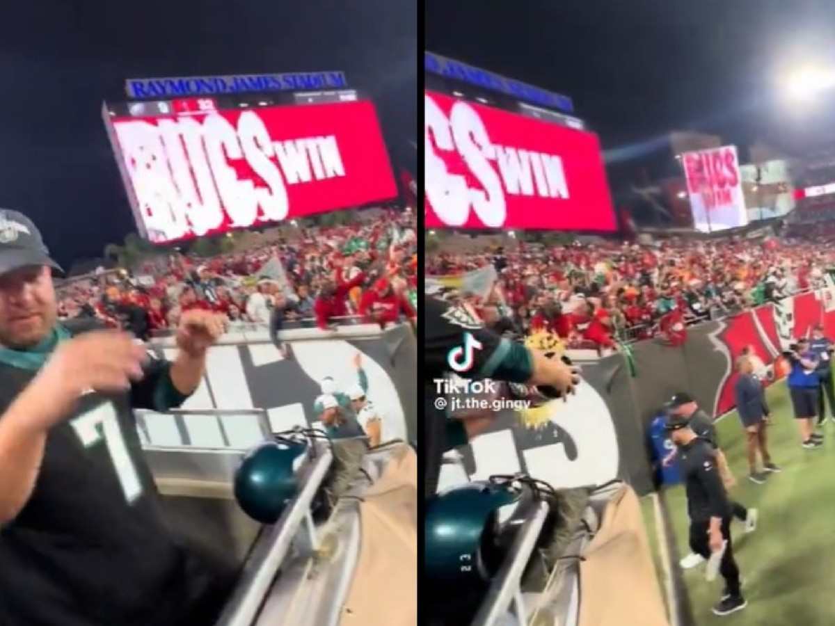 WATCH: “You’re f**king done” – ‘Furious’ Eagles fan throws an entire popcorn bucket at Nick Sirianni after Bucs’ Wild Card Game win