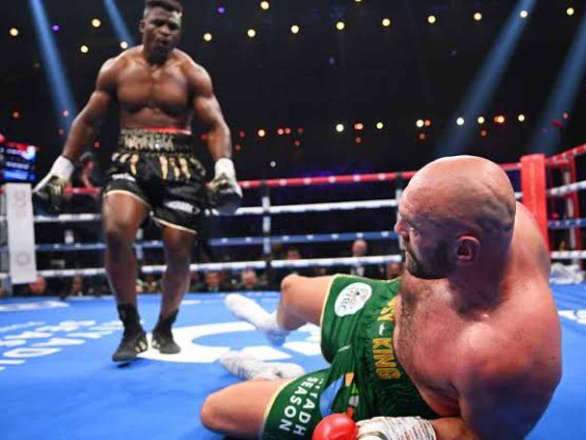 Franics Ngannou knocking Down Tyson Fury in the 3rd round of their megafight