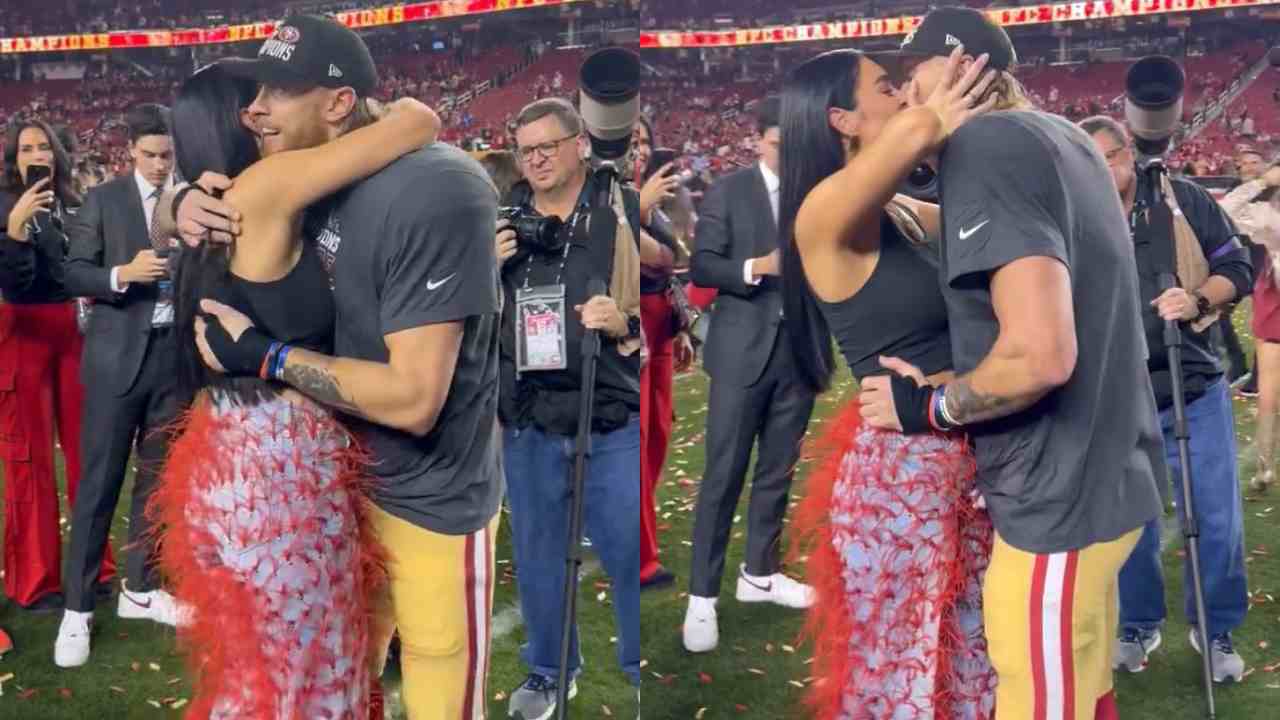 WATCH: 49ers TE George Kittle locks lips with ‘pumped up’ wife Claire after making it to the Super Bowl