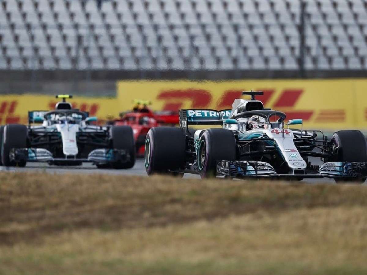 Lewis Hamilton driving in front of Valtteri Bottas during the 2018 German GP