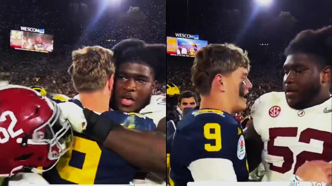 WATCH: “Go finish the job!” – Alabama OL Tyler Booker’s special message to ex-teammate and Michigan QB JJ McCarthy while sharing an intimate hug after Rose Bowl goes viral