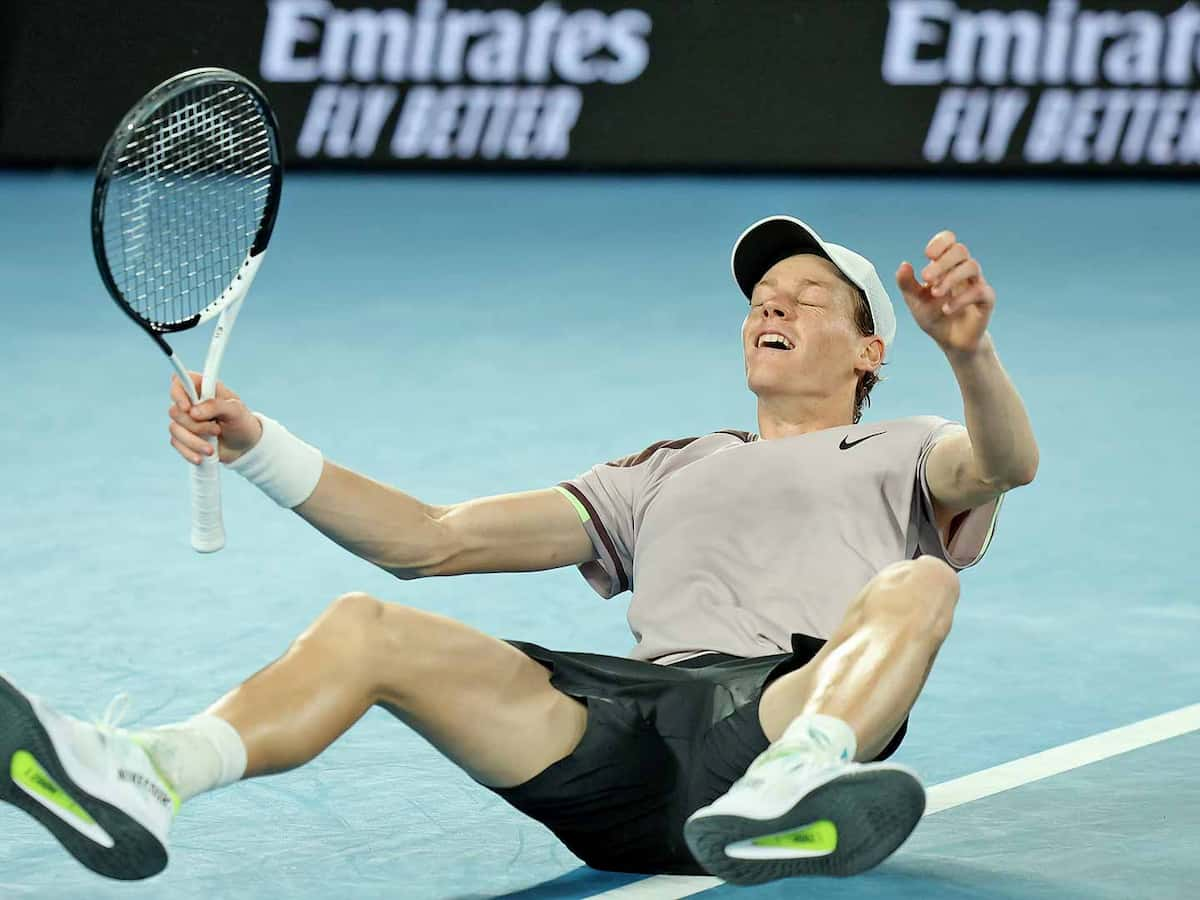 Jannik Sinner's falls in delight after winning the Australian Open 2024 