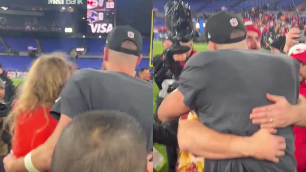 WATCH: Travis Kelce, with his arm wrapped around girlfriend Taylor Swift, ditches her as soon as he spots brother Jason Kelce following AFC Championship victory