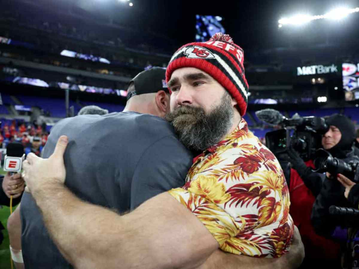 Jason Kelce hugging brother Travis Kelce after Chiefs' AFC title win