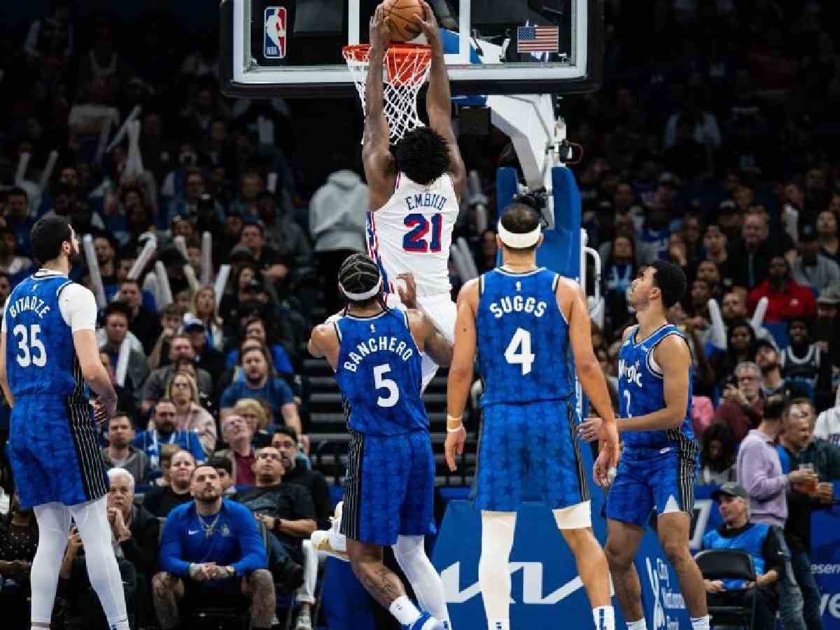 Joel Embiid pulled the self alley-oop dunk on his way to 36 points