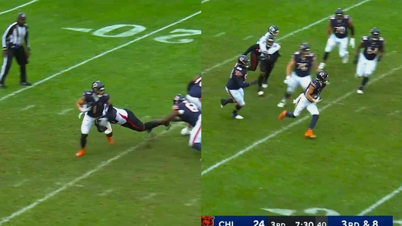 WATCH: “Caleb Williams can’t do that” – Justin Fields breaking an impossible tackle to rush multiple yards against the Falcons has Bears fans going crazy