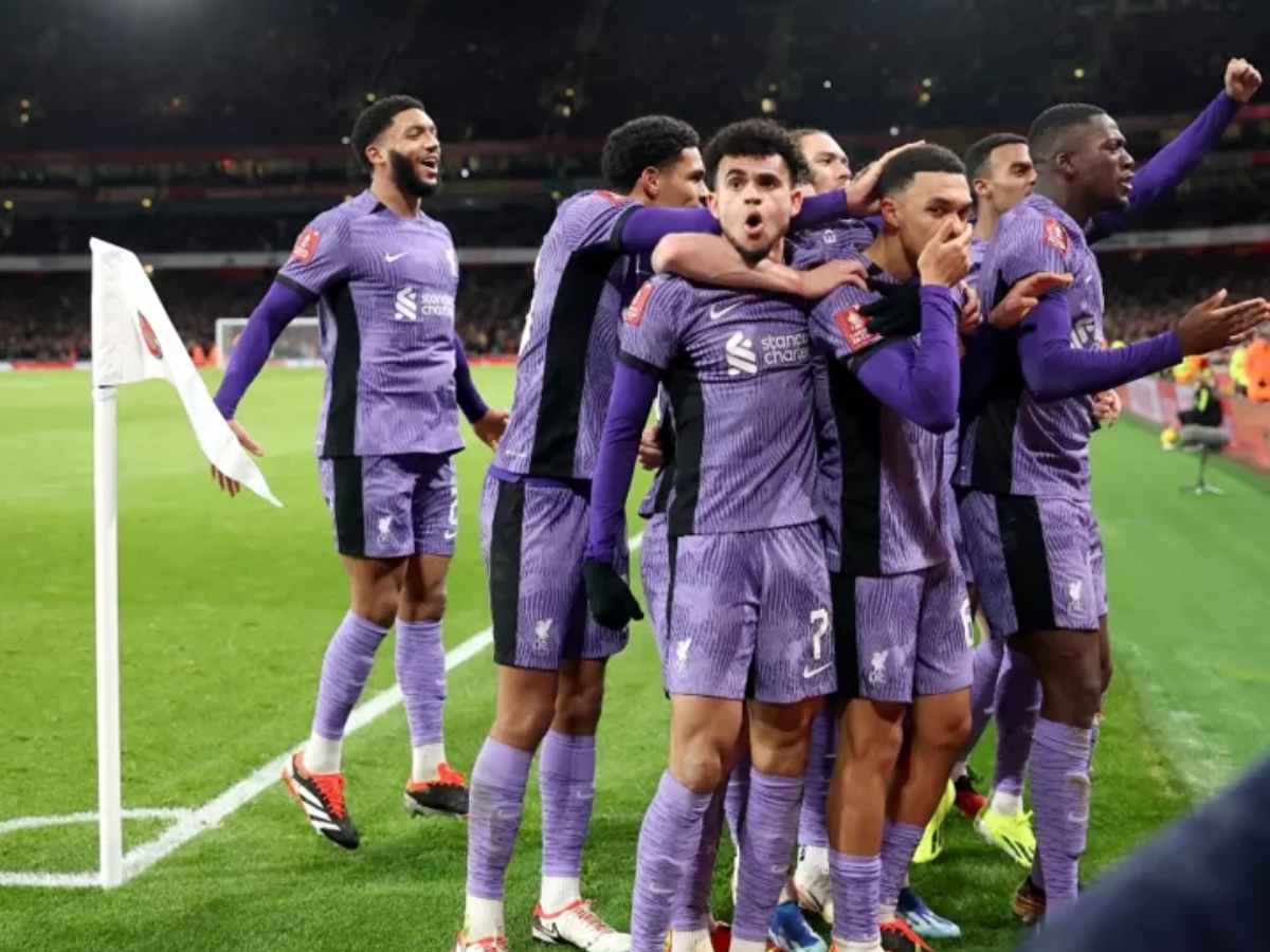 Liverpool players celebrate against Arsenal in FA Cup