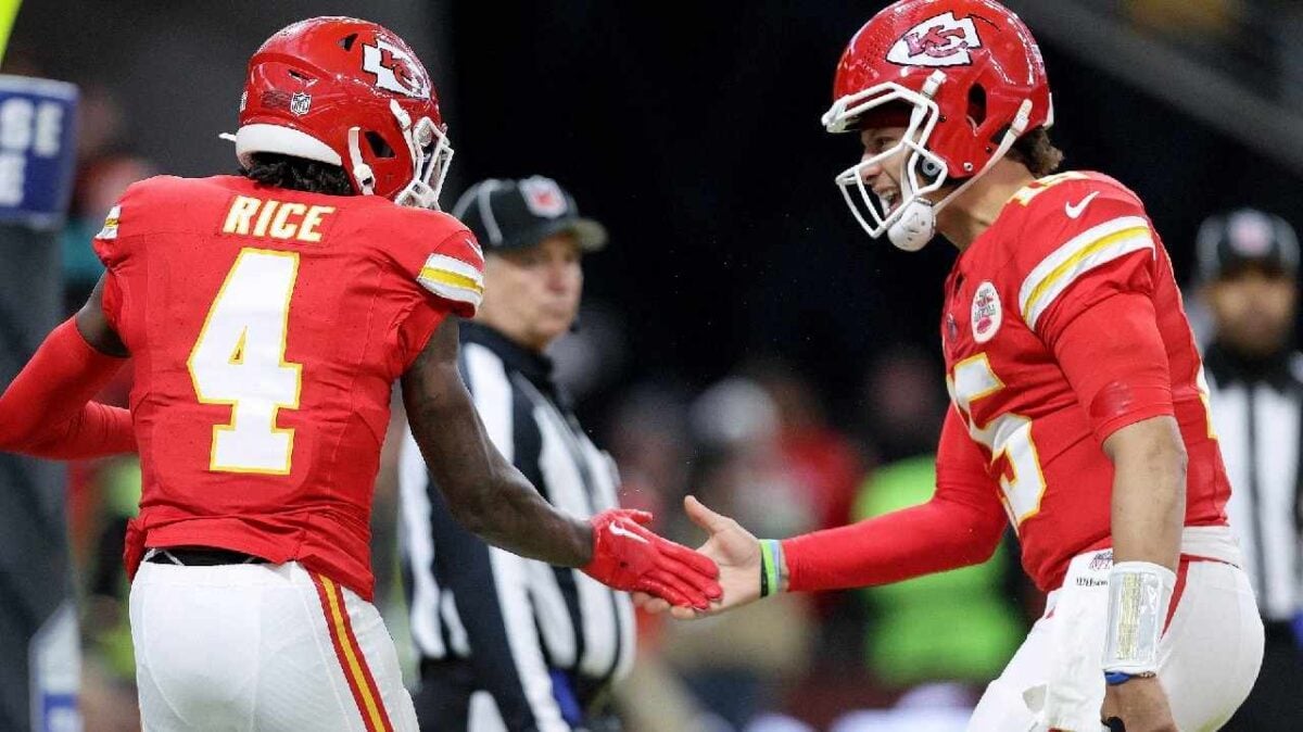 Kansas City Chiefs Rashee Rice and Patrick Mahomes celebrate scoring a touchdown Rashee Rice and Patrick Mahomes celebrate scoring a touchdown