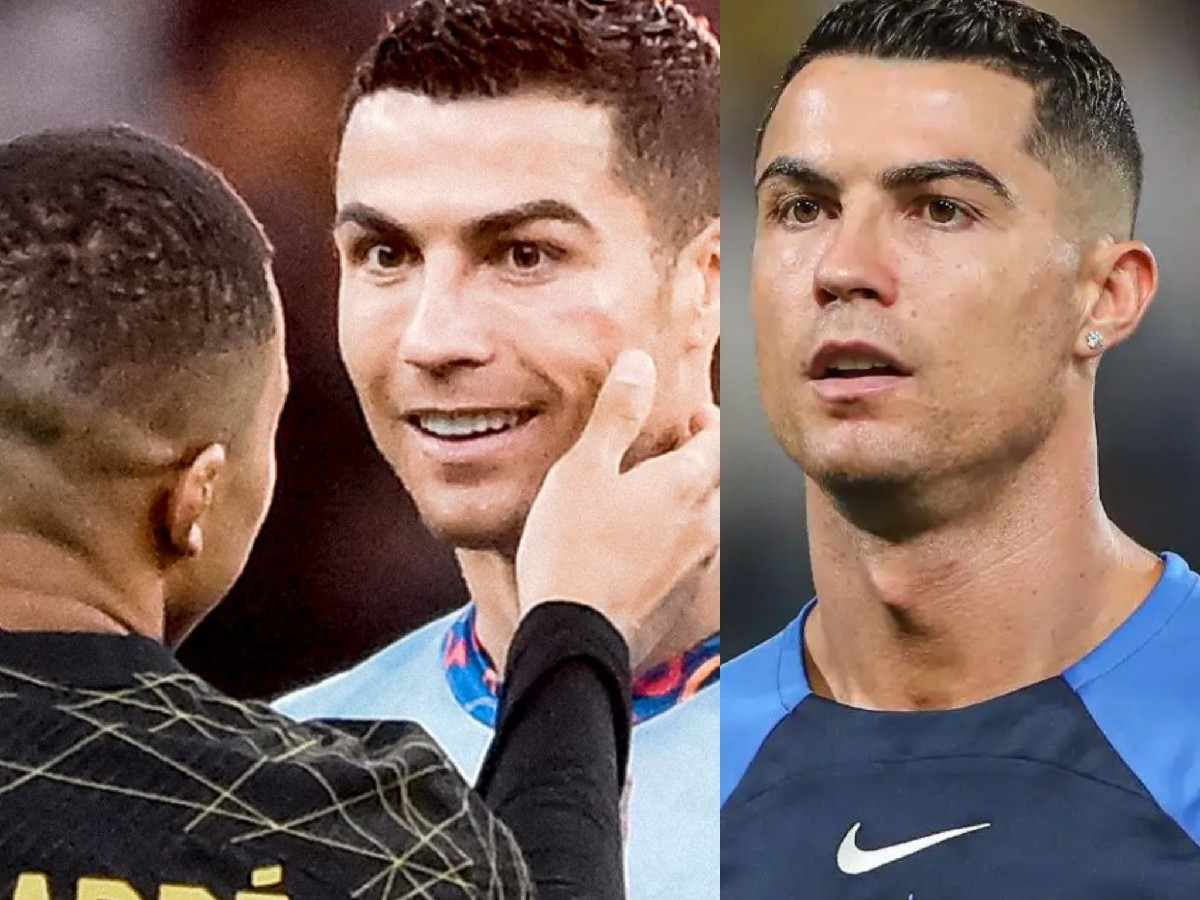 Mbappe pulling Ronaldo's cheeks