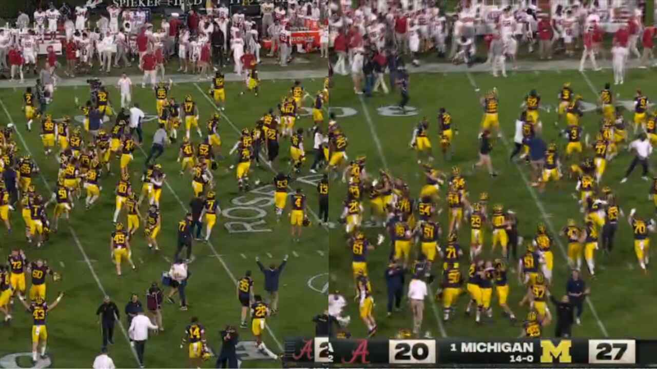 WATCH: Michigan players swarm the field in joy after defeating Alabama in Rose Bowl and reaching the national championship