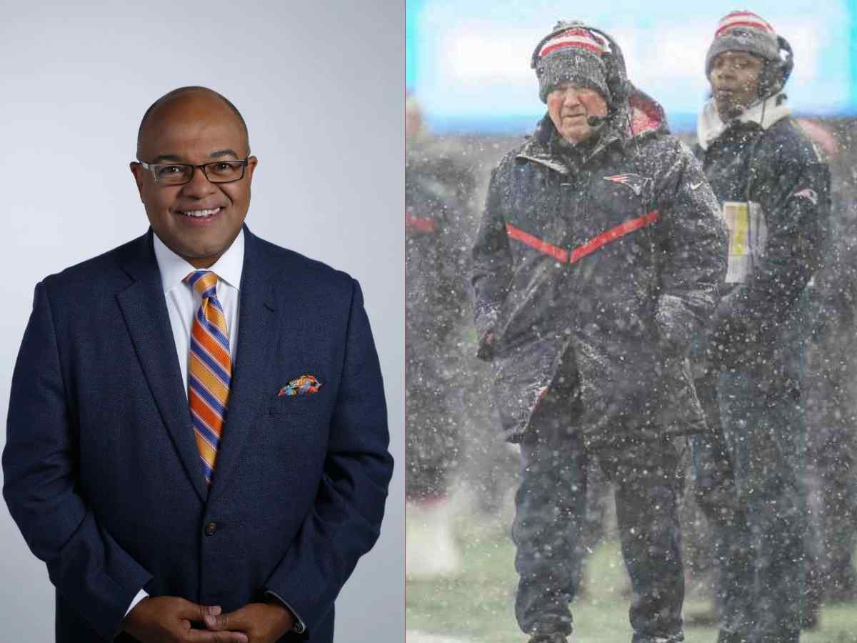 Mike Tirico (L) and Bill Belichick (R)