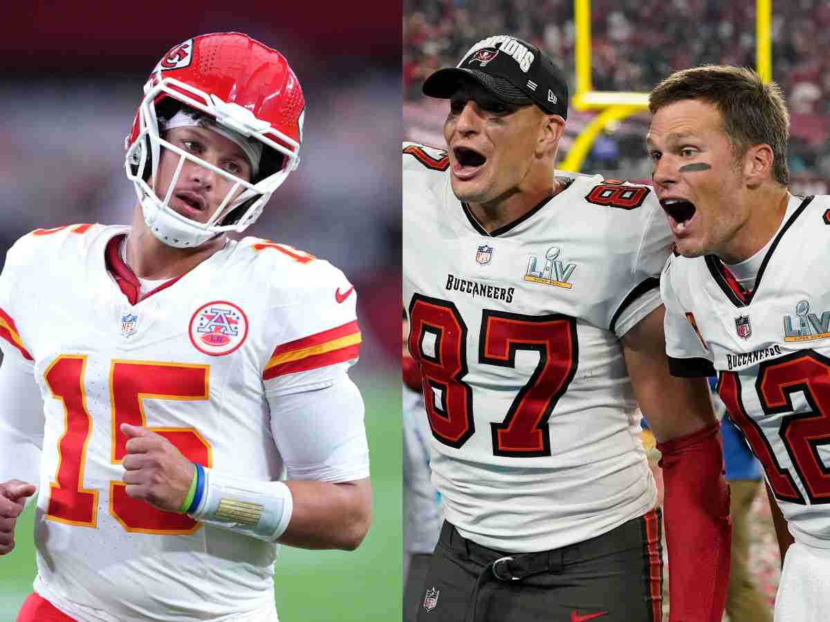 Patrick Mahomes (L) and Rob Gronkowski and Tom Brady (R)