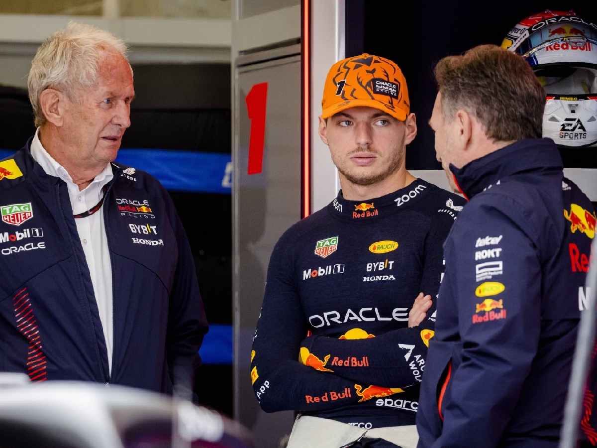 Helmut Marko, Max Verstappen and Christian Horner (via IMAGO)