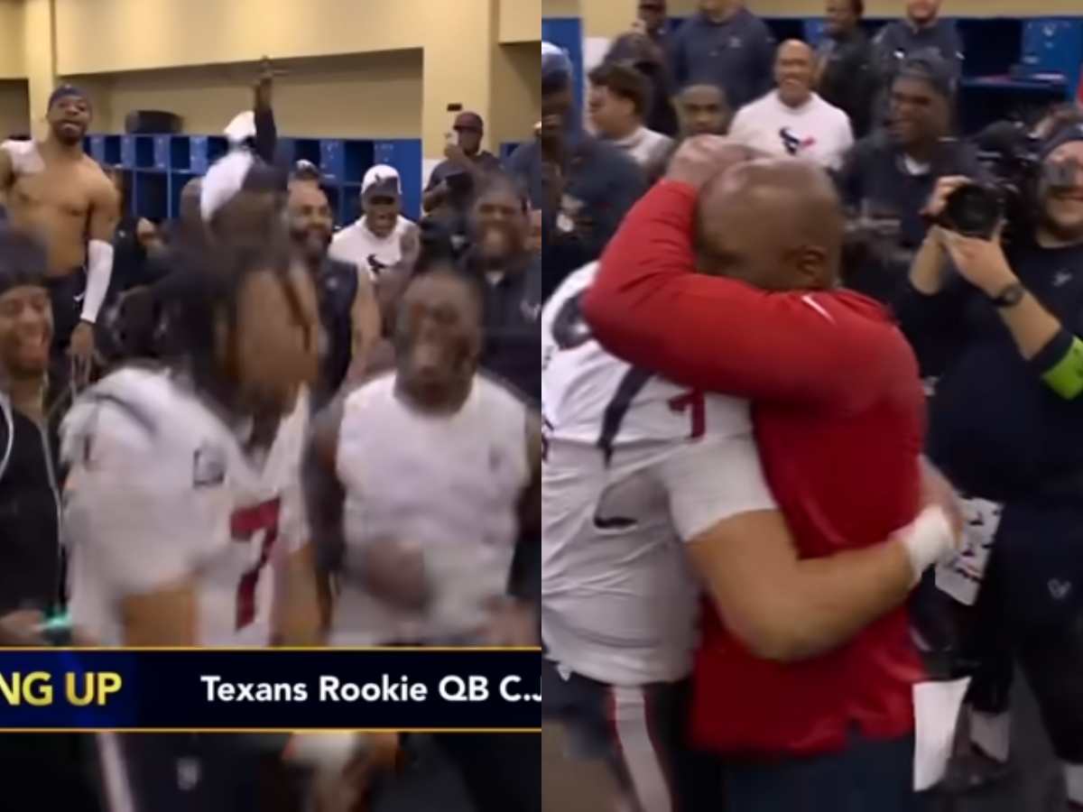 WATCH: CJ Stroud goes crazy with HC DeMeco Ryans in the Texans locker room after they clinched playoff spot following win over the Colts