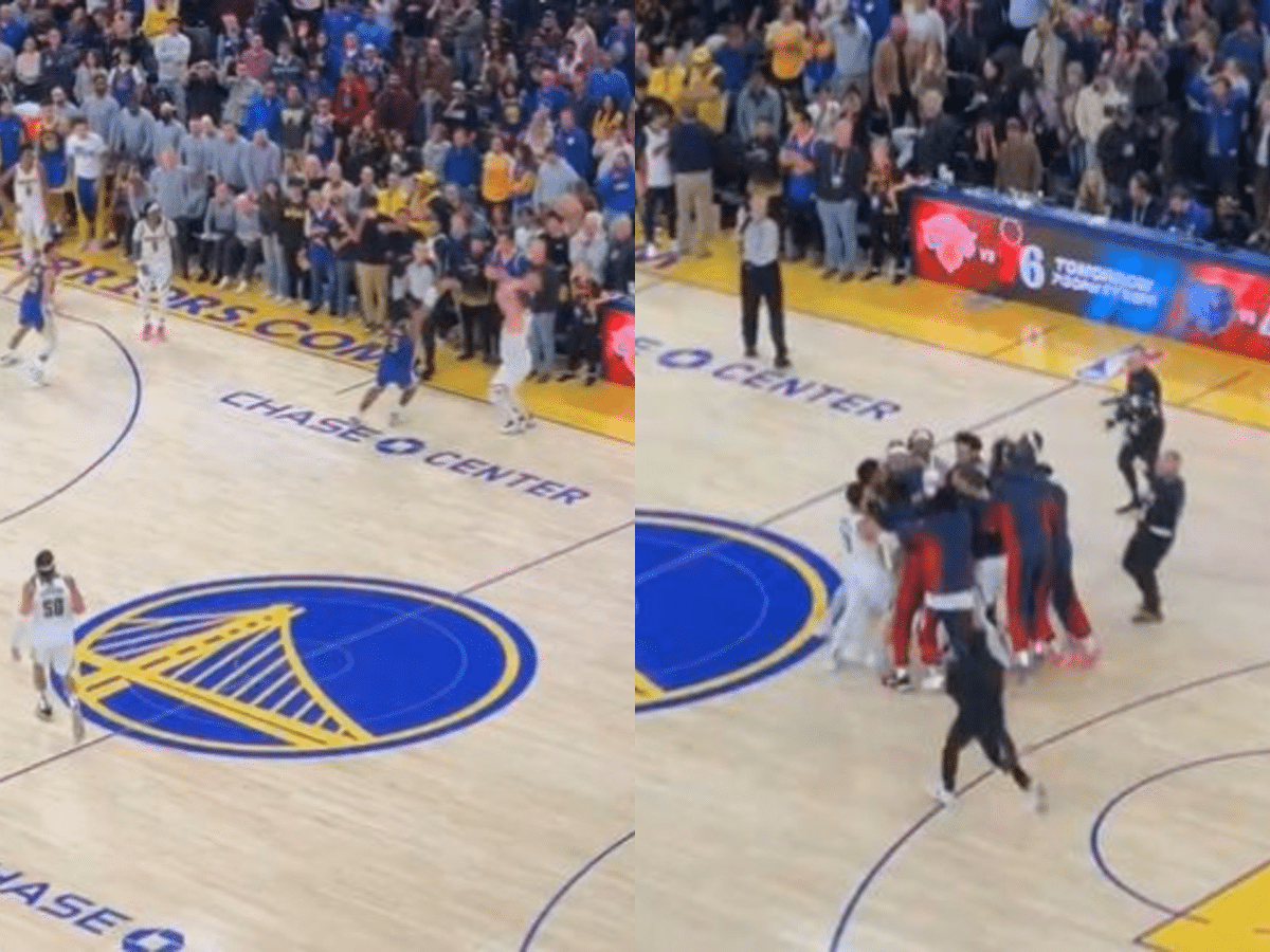 Stills from the viral clip on X where Nikola Jokic makes the game winning deep three